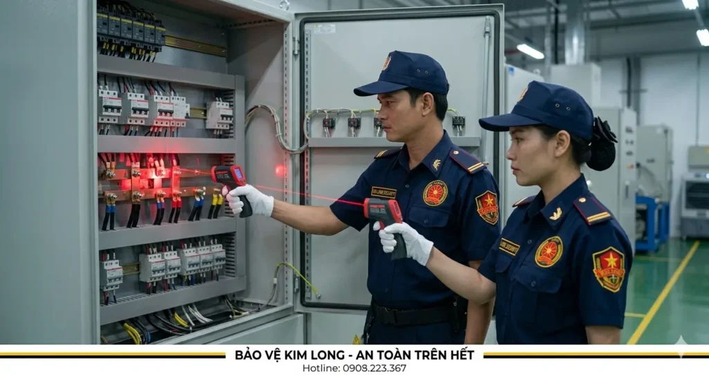 Nhân viên công ty bảo vệ Bến Tre Kim Long kiểm tra nhiệt độ tủ điện trung tâm.