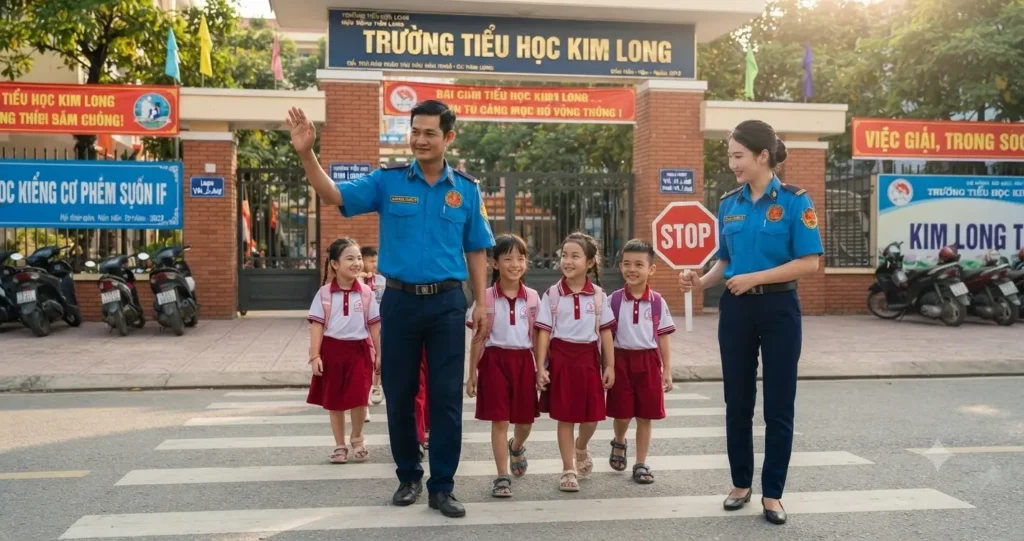 Công ty bảo vệ Bình Dương - Kim Long trực trường học.
