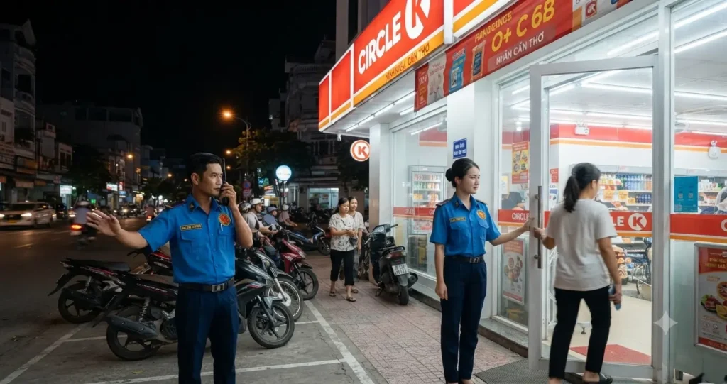 Công ty bảo vệ Cần Thơ - Kim Long trực cửa hàng 24h.