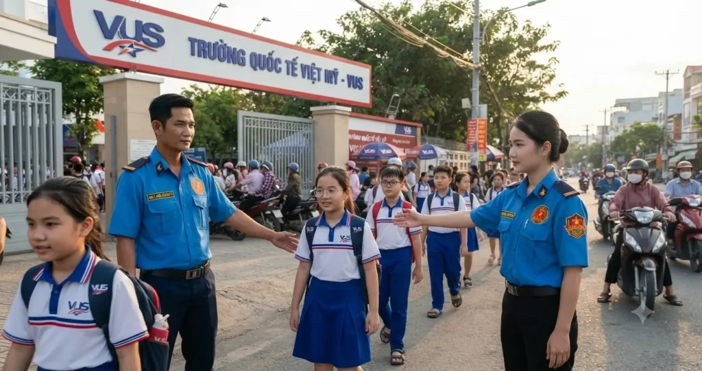 Công ty bảo vệ Đồng Nai - Kim Long trực trường học.