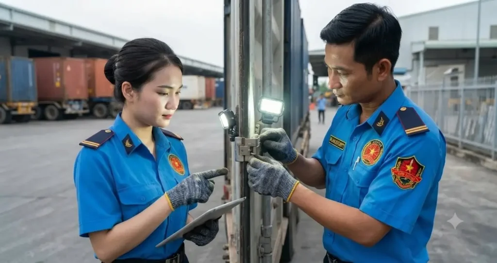 Nhân viên Công ty bảo vệ Đồng Nai - Kim Long kiểm tra xe container tại Đồng Nai