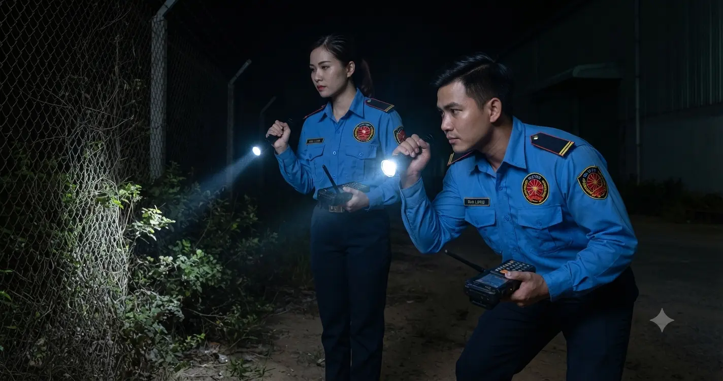 Nhân viên công ty bảo vệ Đồng Nai - Kim Long tuần tra an ninh đêm.