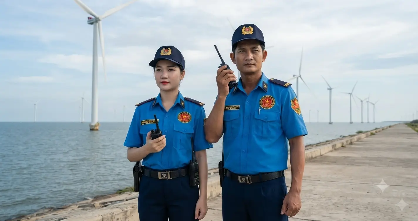 Nhân viên công ty bảo vệ Bạc Liêu - Kim Long tuần tra tại dự án điện gió Bạc Liêu