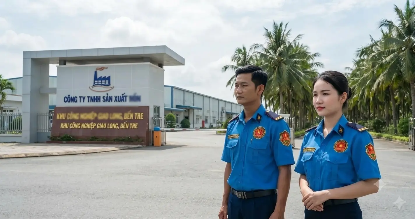 Nhân viên Công ty bảo vệ Bến Tre - Kim Long chuyên nghiệp tại KCN Bến Tre