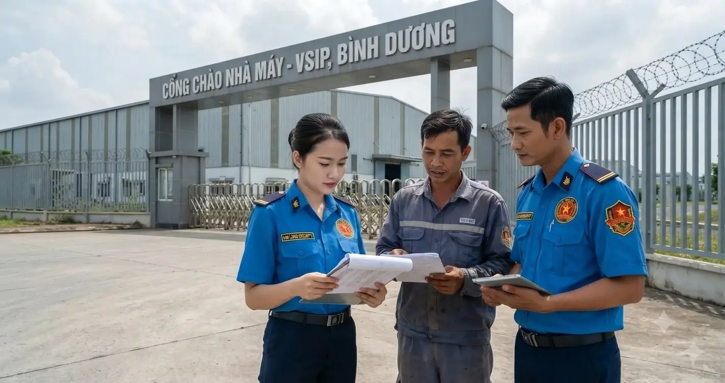 Nhân viên Công ty bảo vệ Bình Dương - Kim Long kiểm soát xe ra vào tại khu công nghiệp Bình Dương
