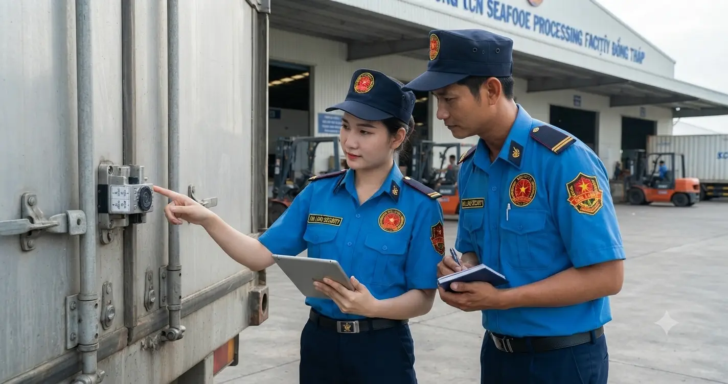 Nhân viên Công ty bảo vệ Đồng Tháp - Kim Long kiểm soát hàng hóa tại KCN Đồng Tháp