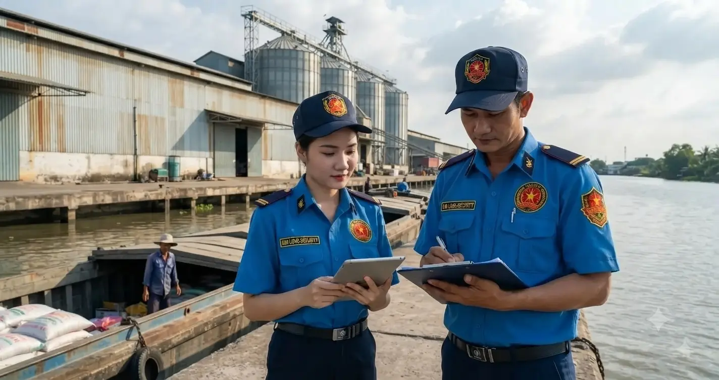 Nhân viên Công ty bảo vệ Tiền Giang - Kim Long kiểm soát an ninh tại bến cảng Tiền Giang