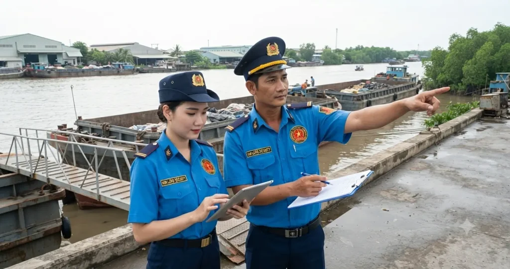 Đội ngũ bảo vệ Công ty bảo vệ Cà Mau - Kim Long kiểm soát an ninh đường thủy tại Cà Mau