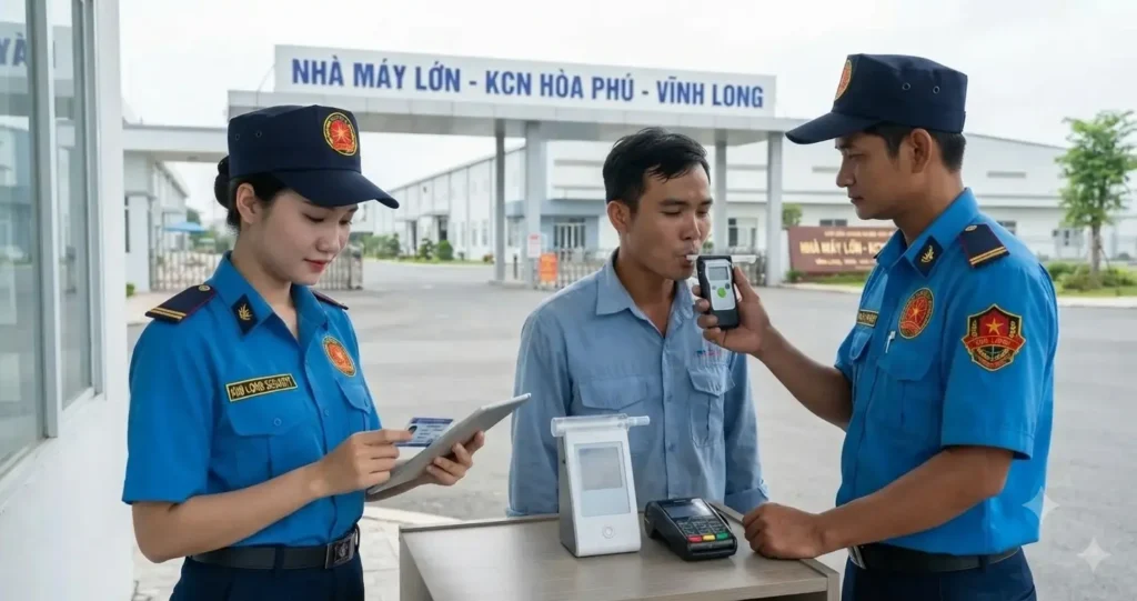 Công ty bảo vệ Vĩnh Long giải pháp an ninh khu công nghiệp hoàn hảo #1 - Công ty Bảo vệ Kim Long Nhân viên bảo vệ Công ty bảo vệ Vĩnh Long - Kim Long kiểm soát cổng tại nhà máy Vĩnh Long