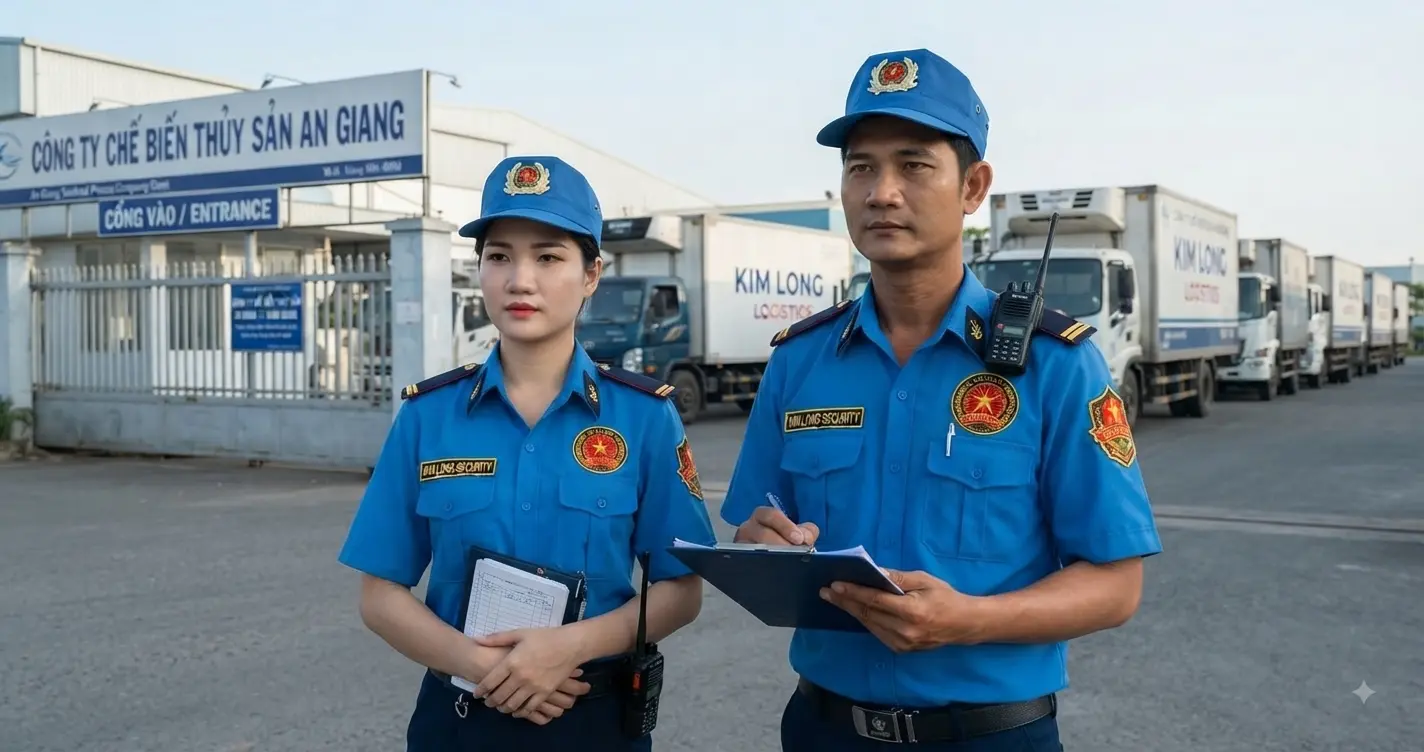 Công ty bảo vệ An Giang - Kim Long trực cổng tại nhà máy thủy sản An Giang