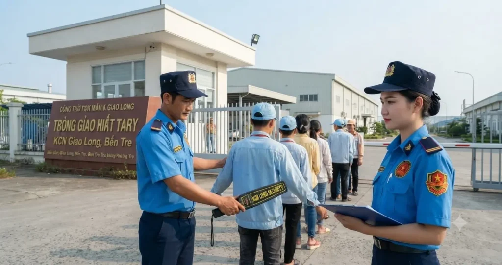 Công ty bảo vệ Bến Tre - Kim Long Security kiểm soát an ninh tại nhà máy ở Bến Tre