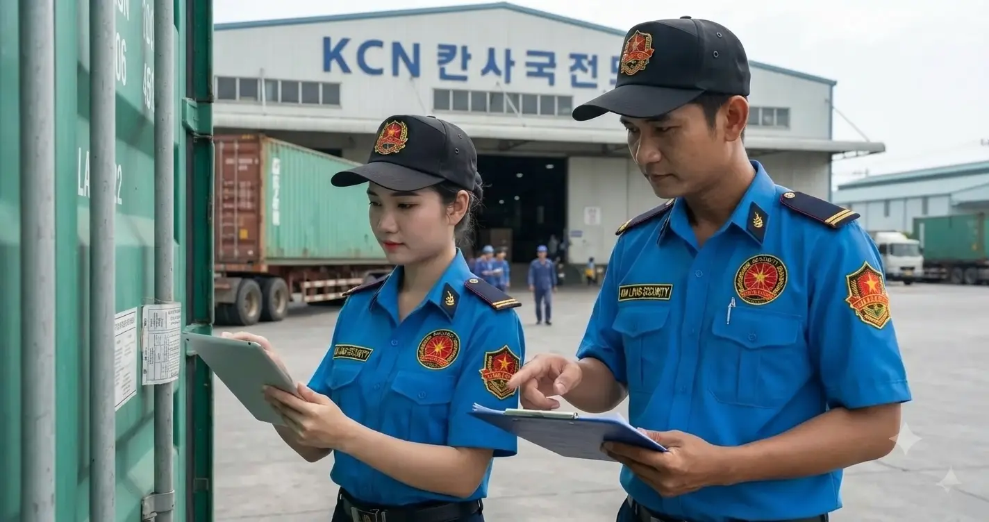 Nhân viên công ty bảo vệ Long An - Kim Long kiểm tra container tại KCN Long An