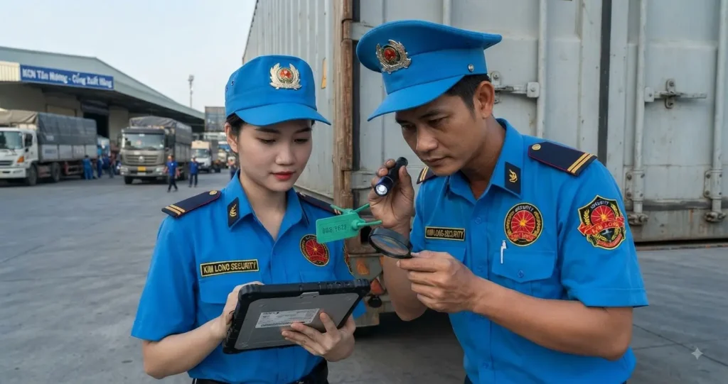 Nhân viên bảo vệ công ty bảo vệ Tiền Giang Kim Long kiểm tra niêm phong xe container tại Tiền Giang
