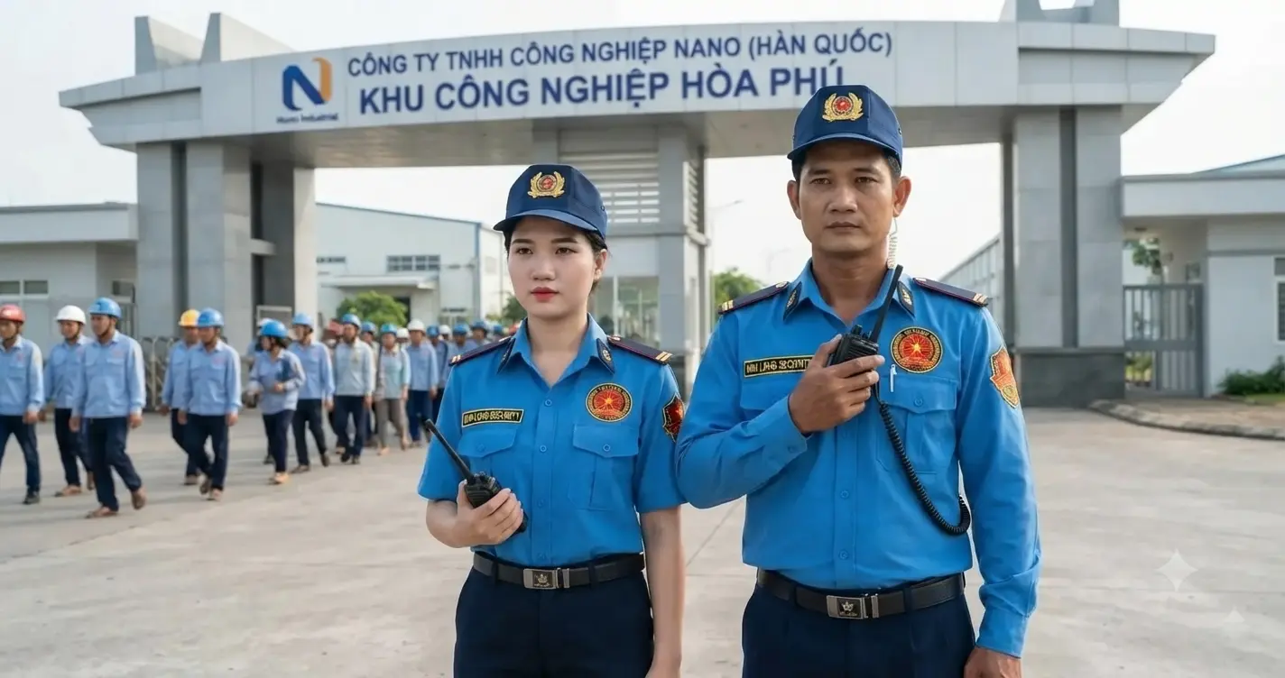 Nhân viên công ty bảo vệ Vĩnh Long uy tín - Kim Long Security trực cổng nhà máy tại Vĩnh Long