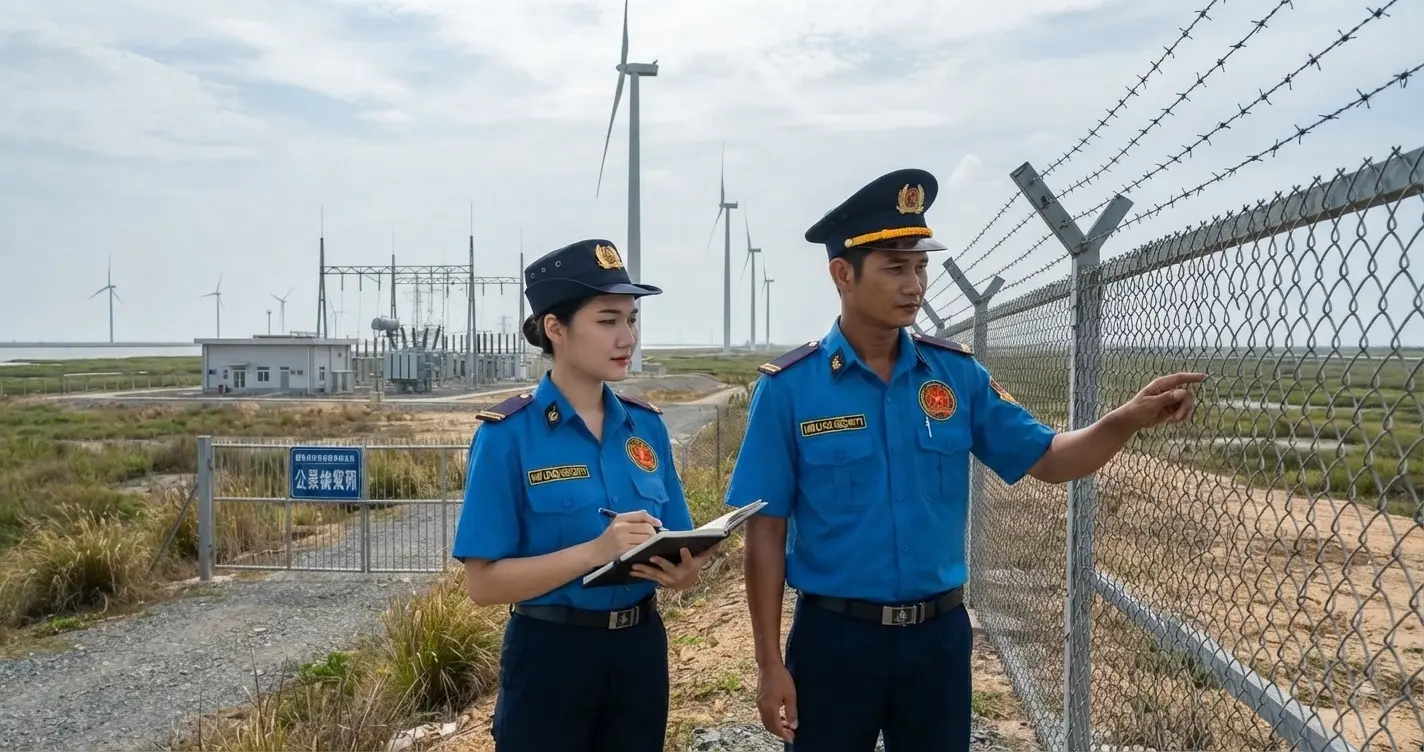 Nhân viên công ty bảo vệ Bạc Liêu - Kim Long tuần tra tại dự án điện gió Bạc Liêu