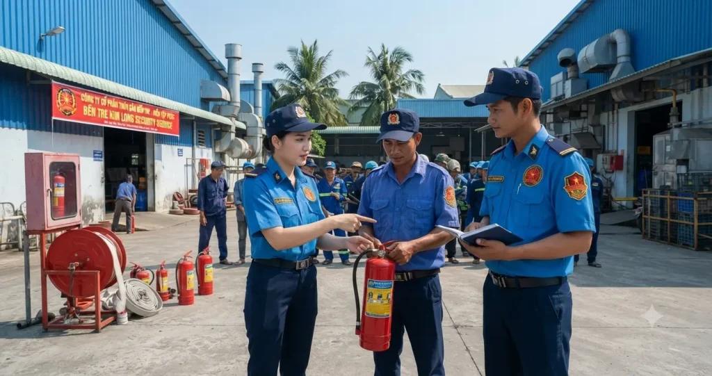 Nhân viên công ty bảo vệ Bến Tre Kim Long diễn tập PCCC tại nhà máy ở Bến Tre