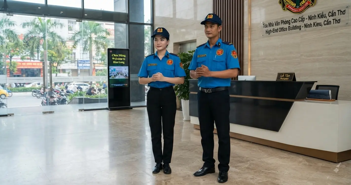 Nhân viên công ty bảo vệ Cần Thơ Kim Long phục vụ tại tòa nhà văn phòng Cần Thơ
