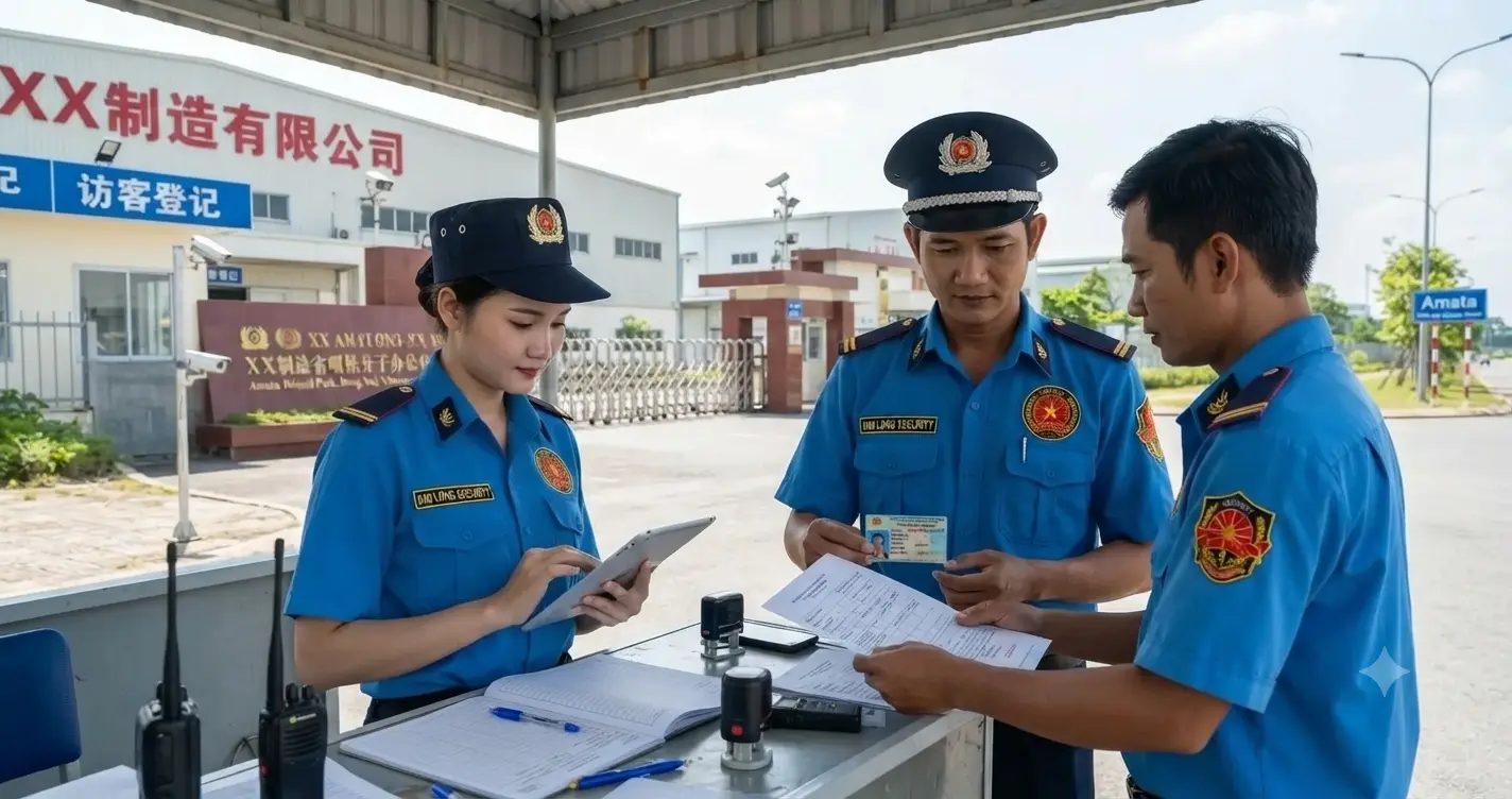 Nhân viên Công ty bảo vệ Đồng Nai - Kim Long kiểm soát shipper tại cổng nhà máy Đồng Nai
