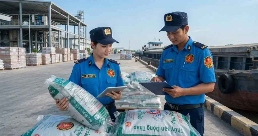 Nhân viên công ty bảo vệ Đồng Tháp - Kim Long giám sát hàng hóa tại nhà máy Đồng Tháp