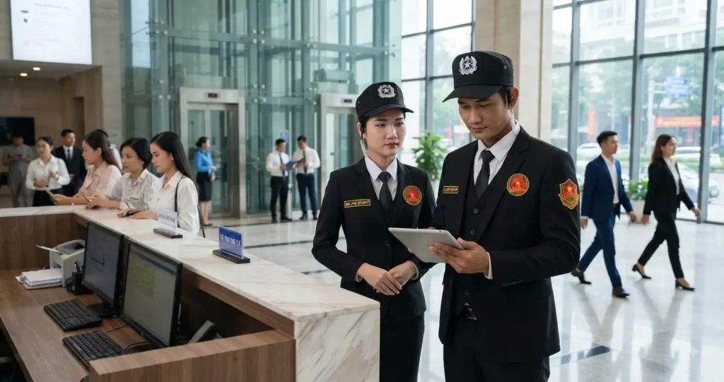 Nhân viên công ty bảo vệ TpHCM - Kim Long Security trực sảnh tòa nhà cao cấp tại TPHCM