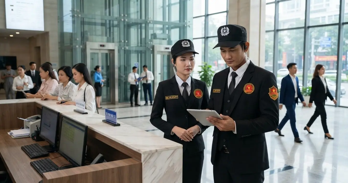 Nhân viên công ty bảo vệ TpHCM - Kim Long Security trực sảnh tòa nhà cao cấp tại TPHCM