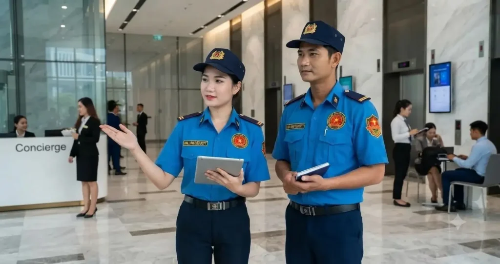 Nhân viên công ty bảo vệ TpHCM Kim Long tại sảnh tòa nhà văn phòng TP.HCM