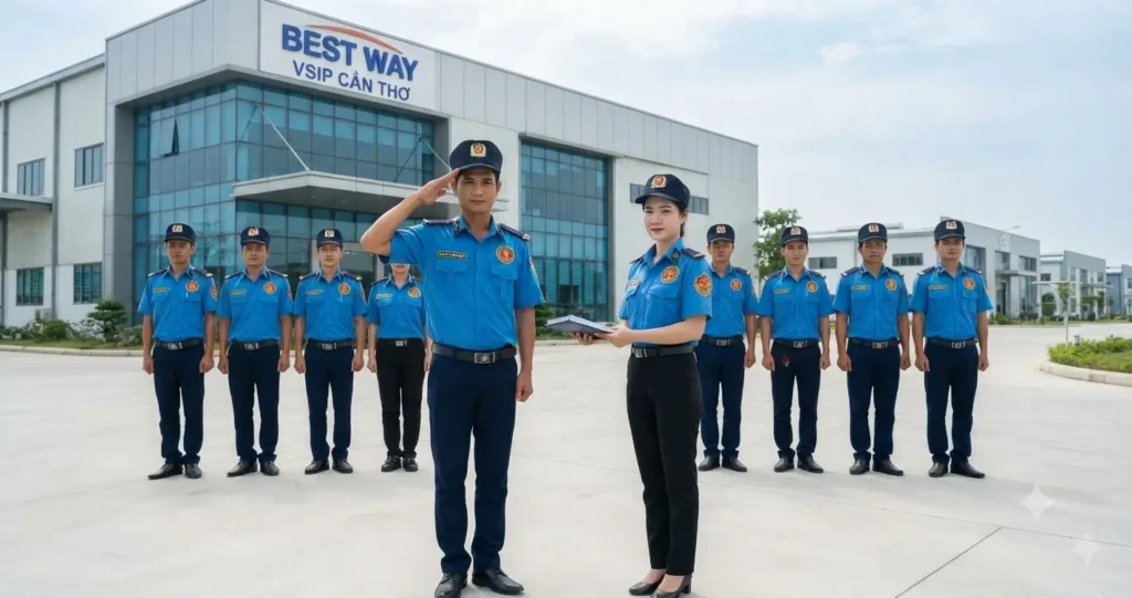 Lực lượng bảo vệ của công ty bảo vệ Cần Thơ - Kim Long triển khai quân số tại Khu công nghiệp