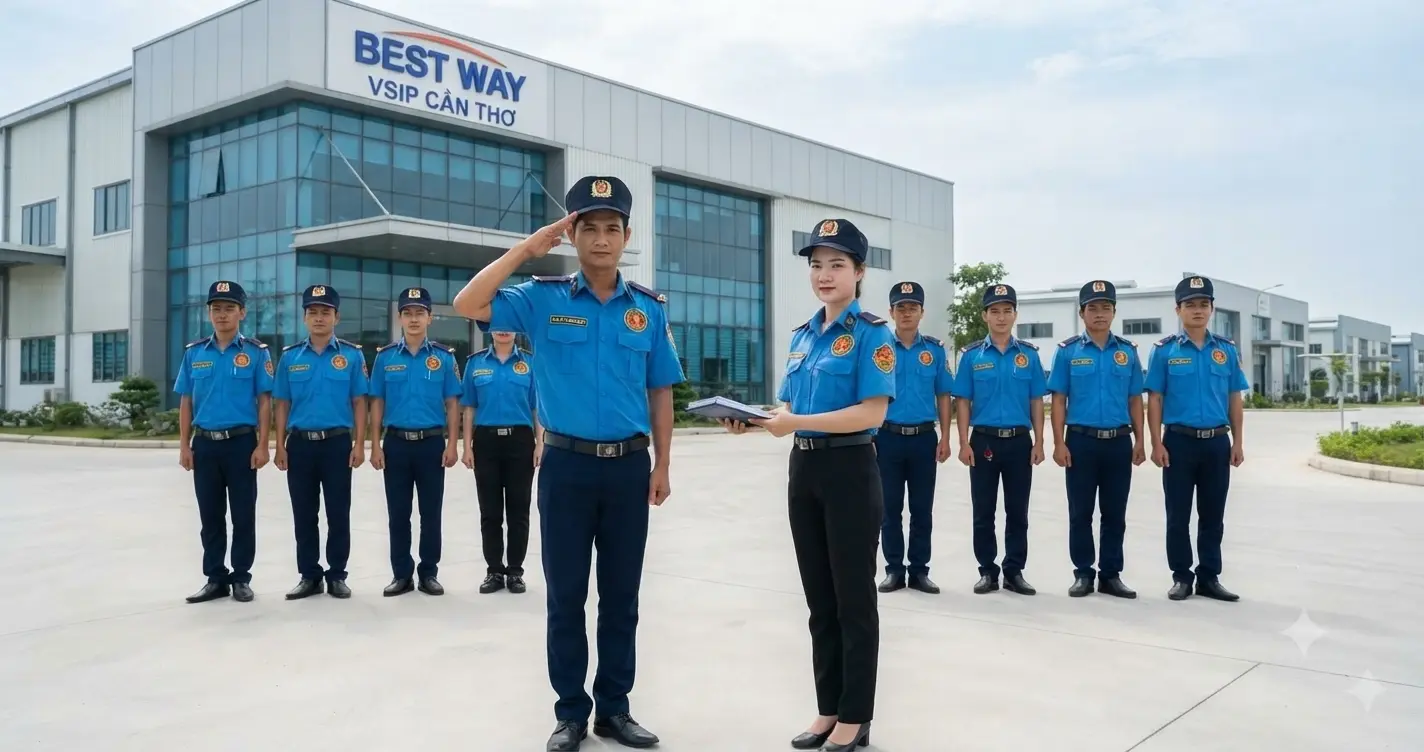 Lực lượng bảo vệ của công ty bảo vệ Cần Thơ - Kim Long triển khai quân số tại Khu công nghiệp