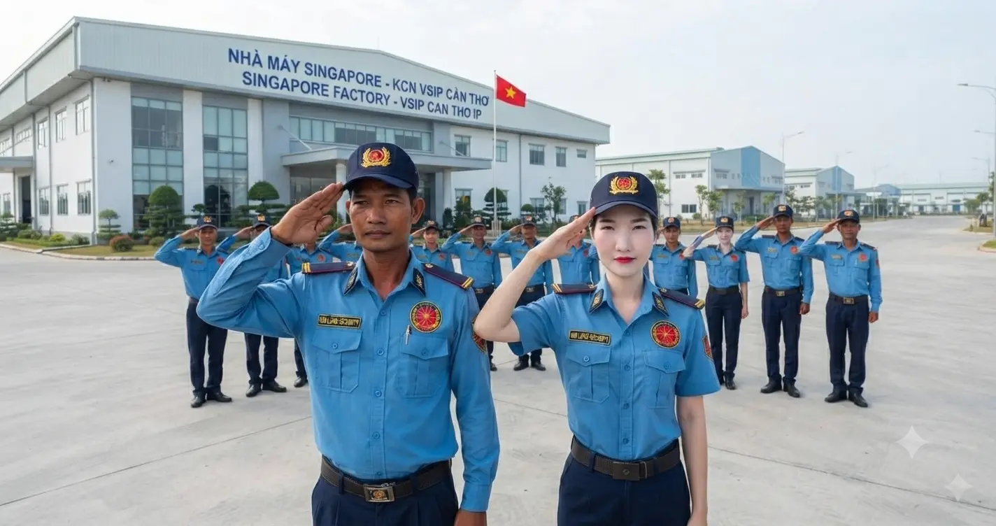 Nhân viên công ty bảo vệ Cần Thơ uy tín Kim Long thực hiện nghi thức chào điều lệnh trang nghiêm trong buổi giao ca trực.