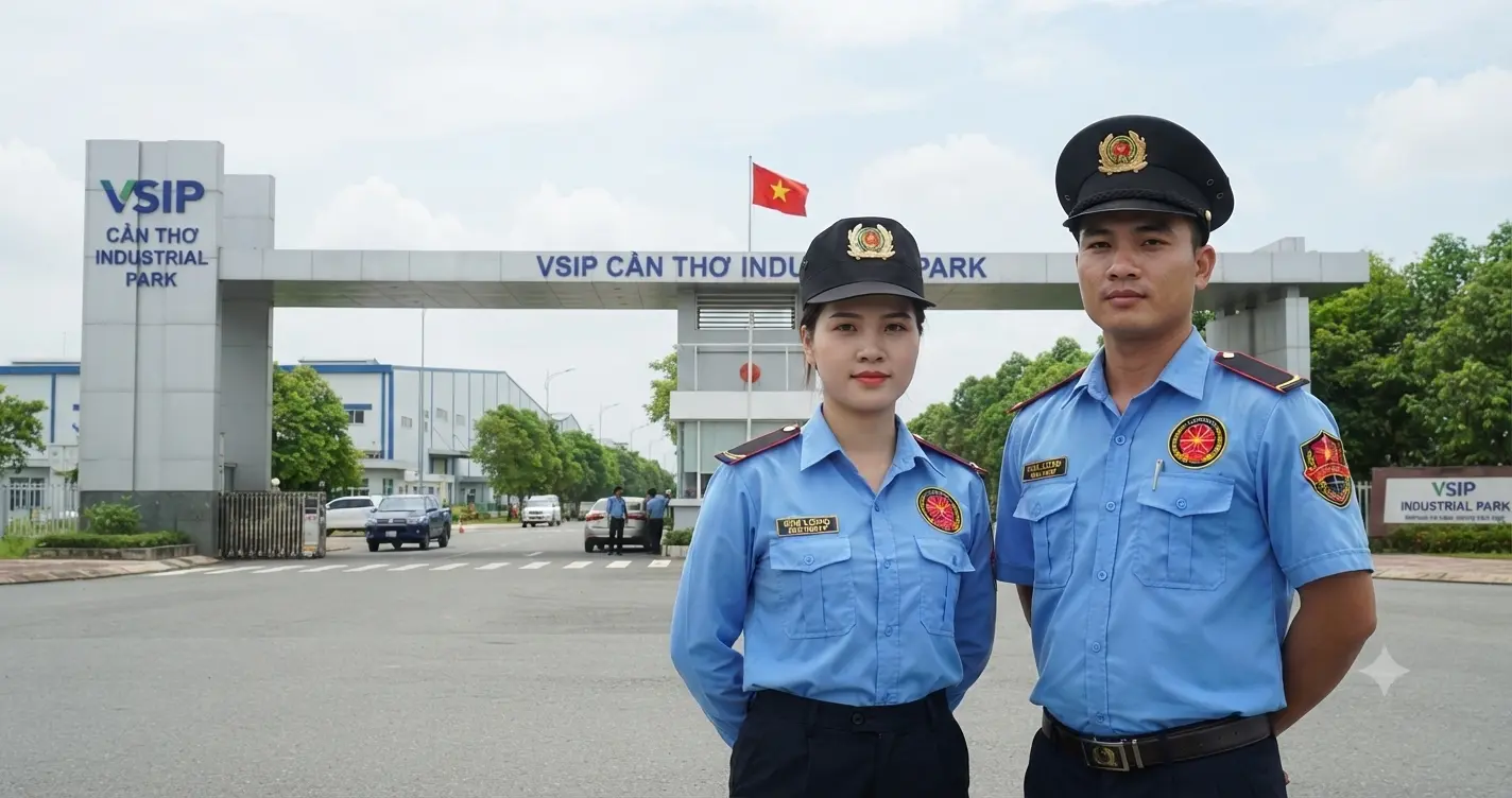 Nhân viên công ty bảo vệ Cần Thơ uy tín (Kim Long Security) trực cổng nhà máy chế biến Lương thực tại KCN Vsip Cần Thơ.
