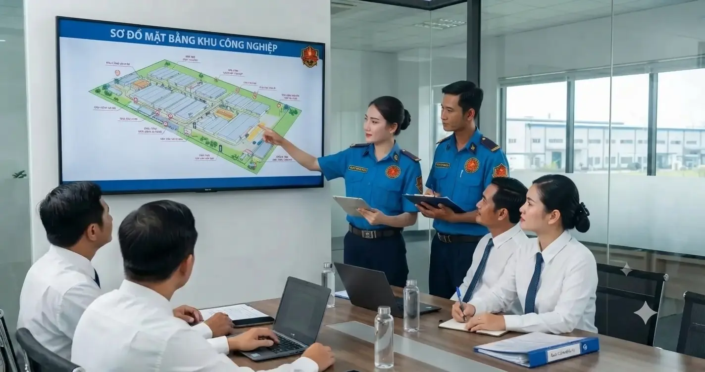Nhân viên công ty bảo vệ KCN Cờ Đỏ uy tín Kim Long thực hiện nghi thức chào điều lệnh trang nghiêm trong buổi giao ca tại nhà máy.
