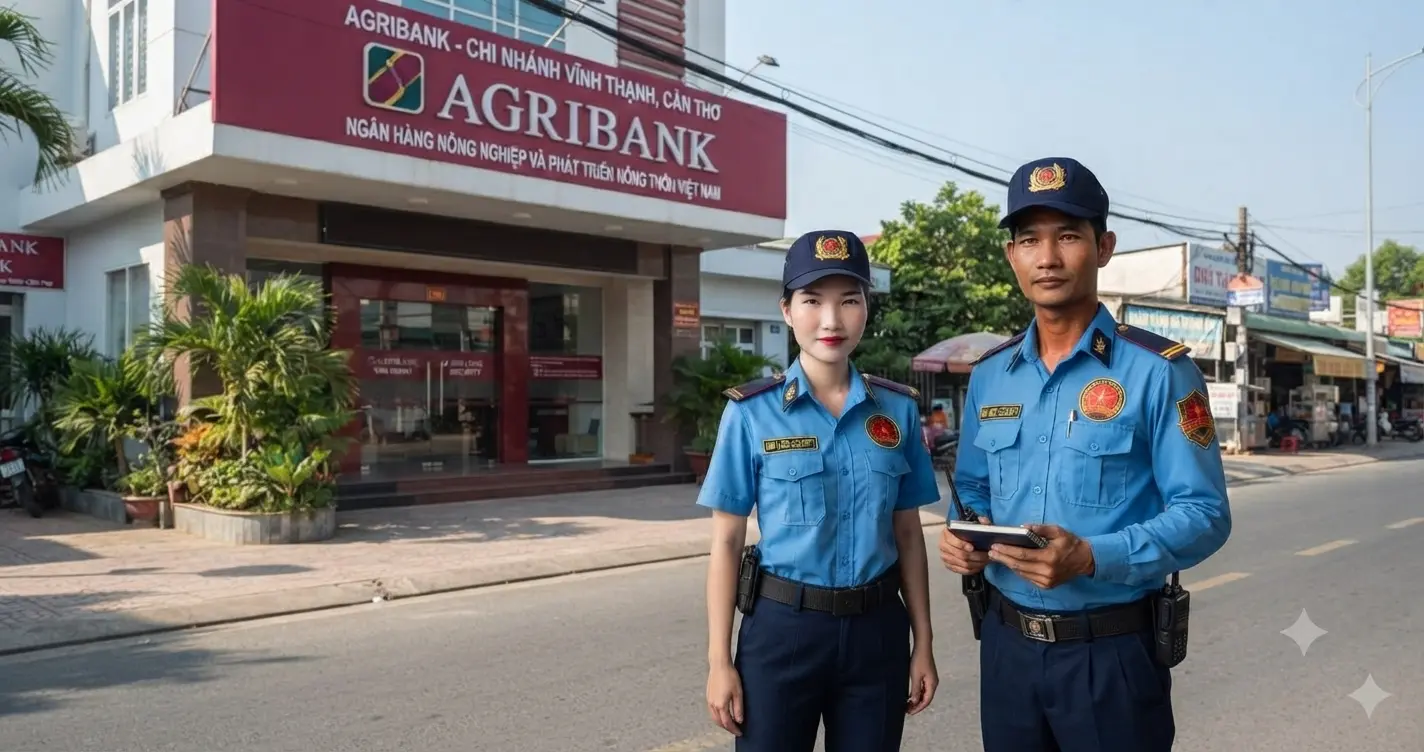 Nhân viên công ty bảo vệ Vĩnh Thạnh uy tín đang làm nhiệm vụ bảo vệ an ninh nghiêm ngặt tại quầy giao dịch Ngân hàng Agribank.