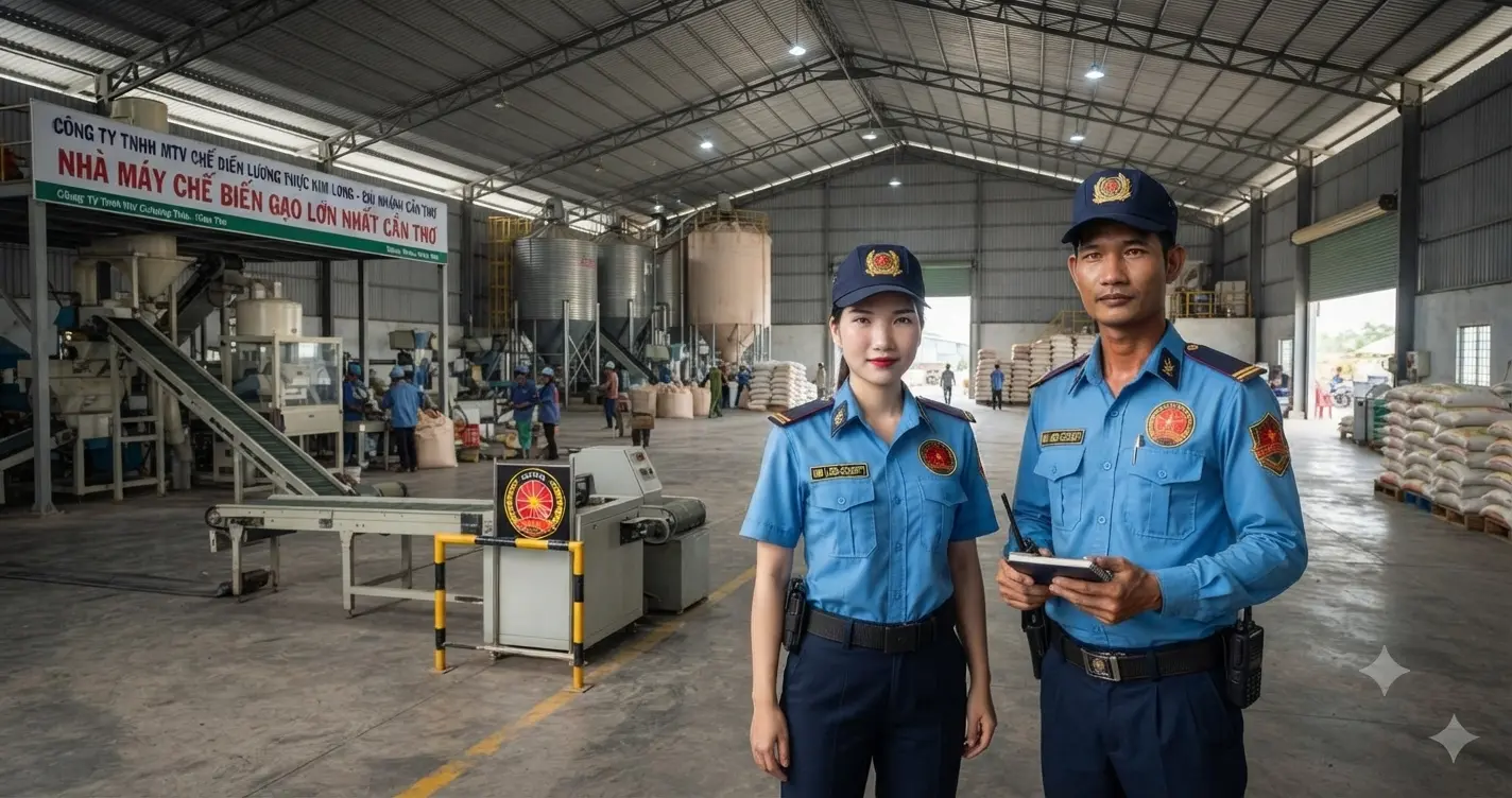 Nhân viên dịch vụ bảo vệ KCN Thốt Nốt uy tín đang kiểm soát an ninh tại cổng nhà máy chế biến gạo.