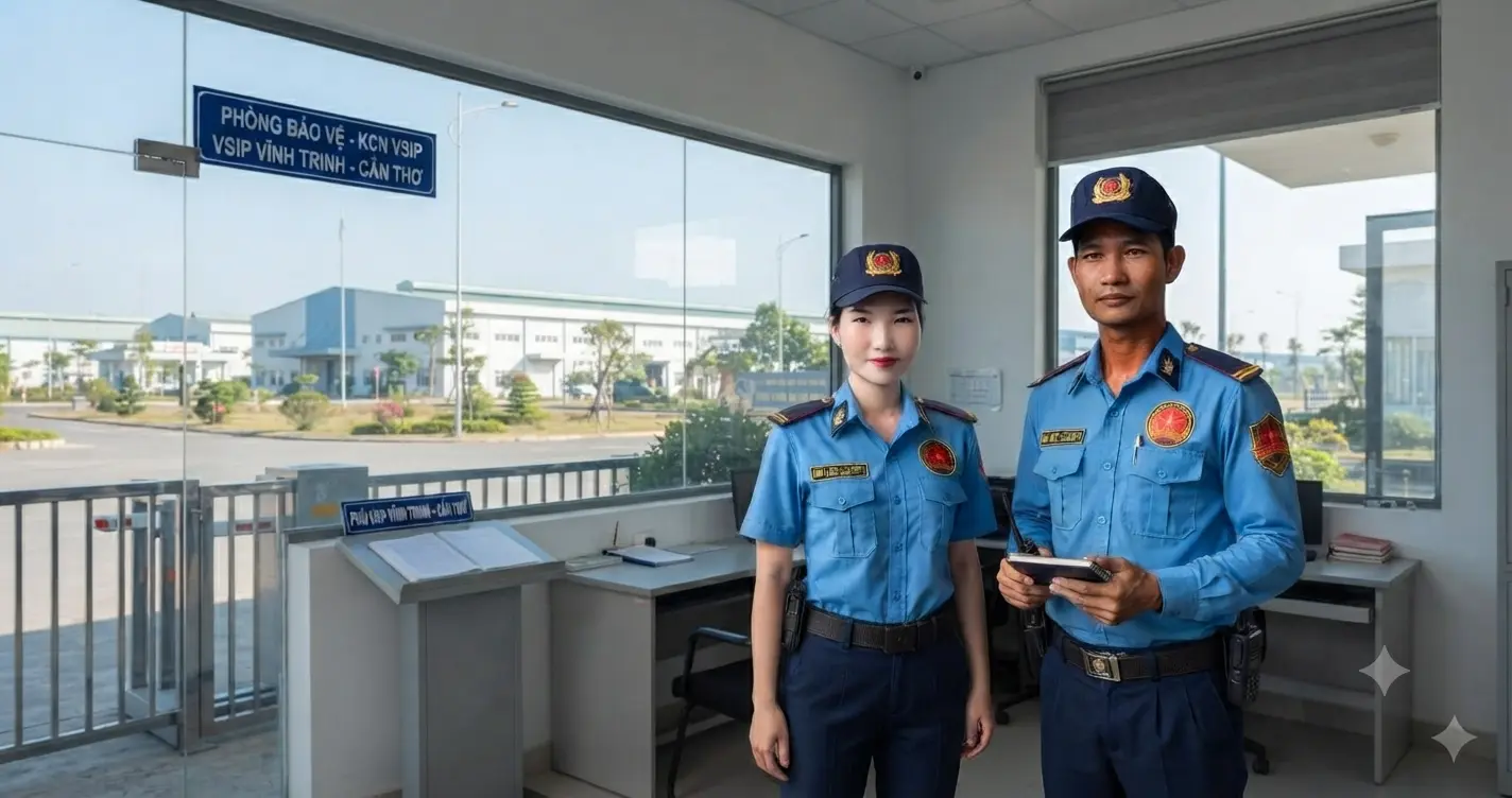 Nhân viên công ty bảo vệ Kim Long tuần tra, kiểm soát an ninh tại cổng chính Khu công nghiệp VSIP Vĩnh Trinh, Cần Thơ, đảm bảo hoạt động an toàn cho dịch vụ bảo vệ Vĩnh Thạnh uy tín.